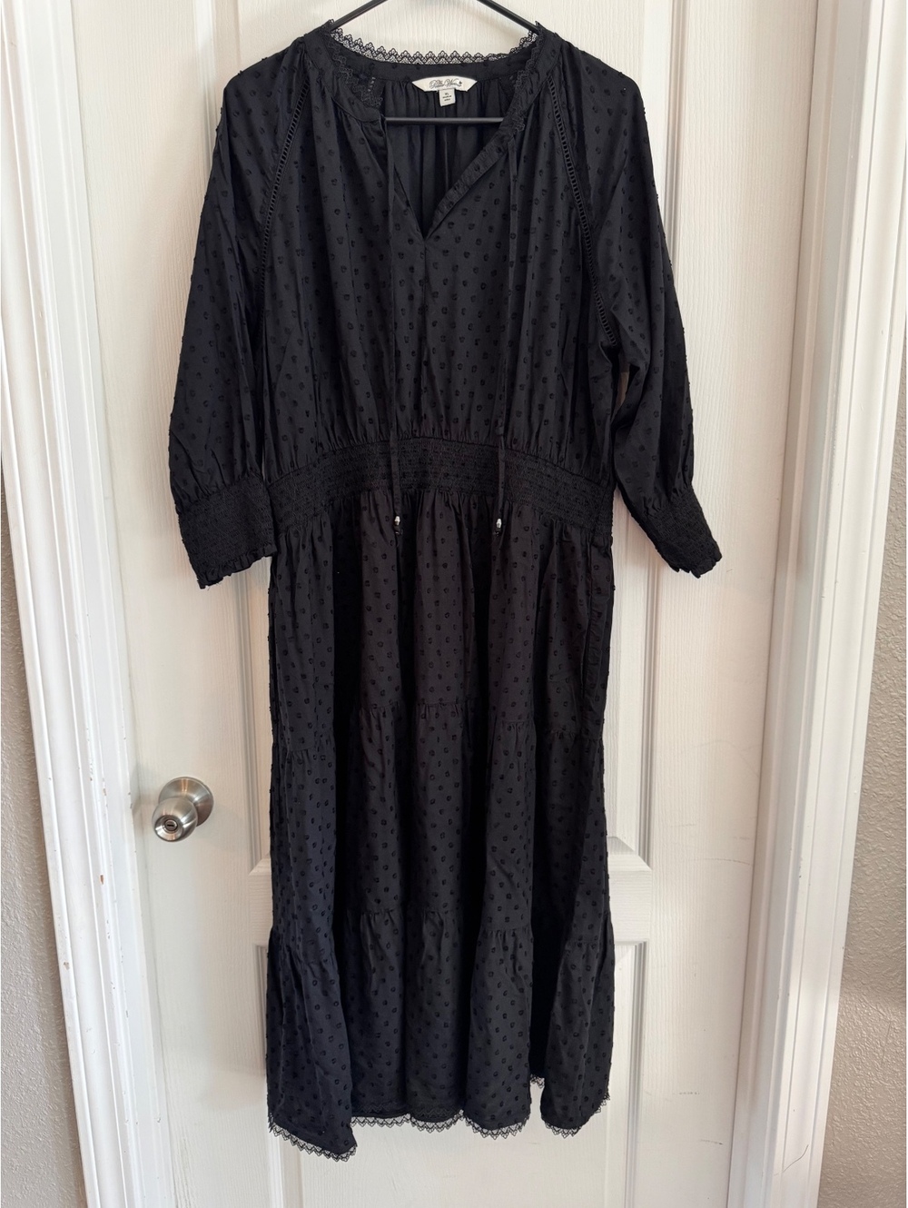 The Pioneer Woman Black Midi Dress with Lace Trim and Smocked Waist, Size XL
